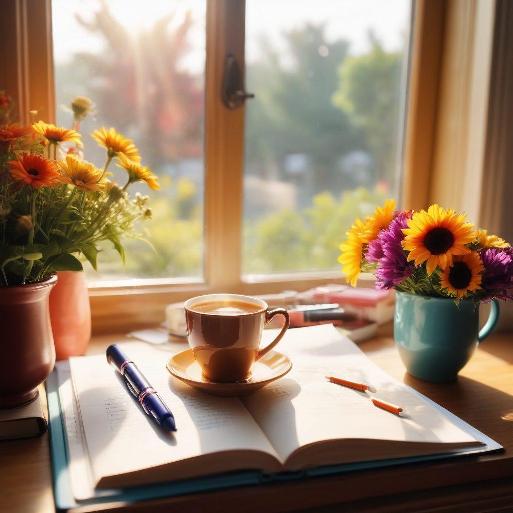A sunlit morning scene featuring a cozy, inviting space with a bright window, a steaming cup of tea, and an open journal with colorful pens scattered around. Include joyful elements like blooming flowers and a smiling sun in the sky, symbolizing positivity and happiness. The ambiance should evoke warmth and serenity, inspiring a joyful routine. super-realistic. vibrant colors. soft light.