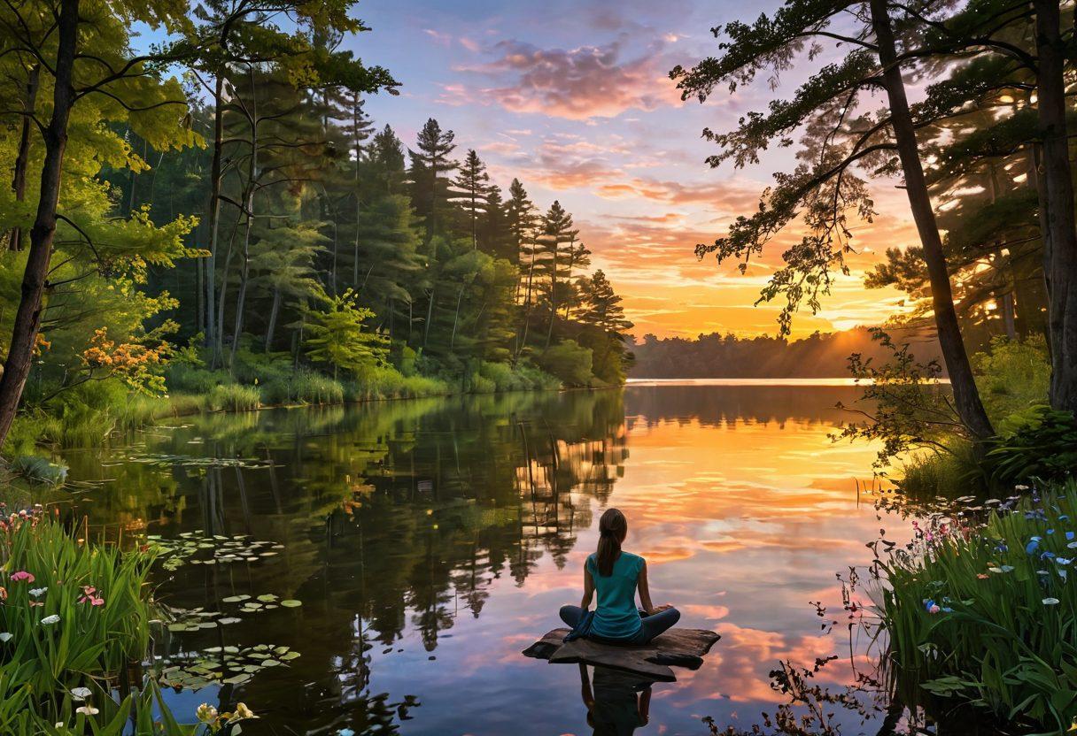 A serene landscape depicting a sunrise over a tranquil lake, surrounded by lush green trees and blooming flowers. A person sits cross-legged on the lakeshore, eyes closed, radiating a warm glow of gratitude. Gentle ripples in the water reflect the vibrant colors of the sky, creating a harmonious atmosphere. Soft light filters through the trees, enhancing the sense of peace. super-realistic. vibrant colors. 3D.