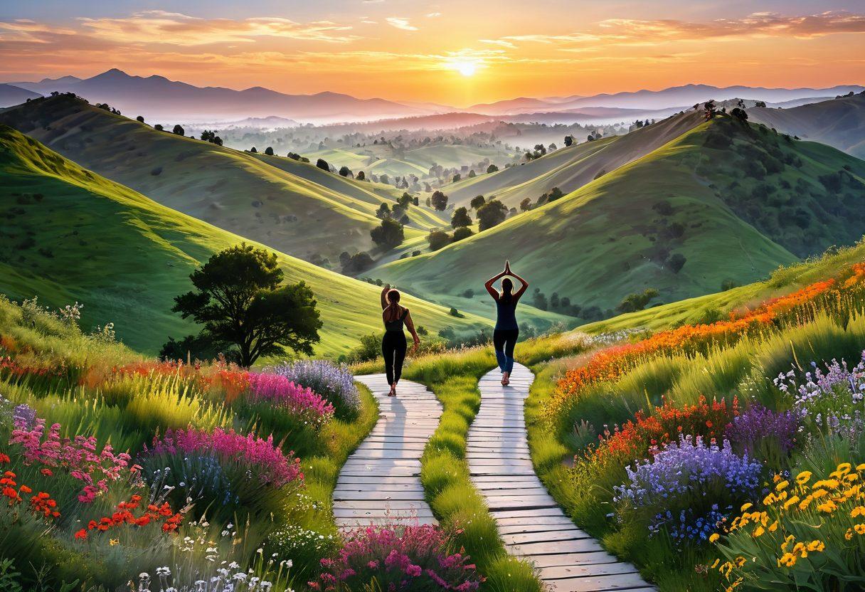 A serene landscape featuring a sunrise over verdant hills, symbolizing new beginnings, with a path winding through blooming wildflowers. Include silhouettes of joyful individuals practicing yoga and meditation along the path, radiating positive energy. Integrate vibrant colors to enhance the feelings of joy and tranquility. super-realistic. vibrant colors. white background.